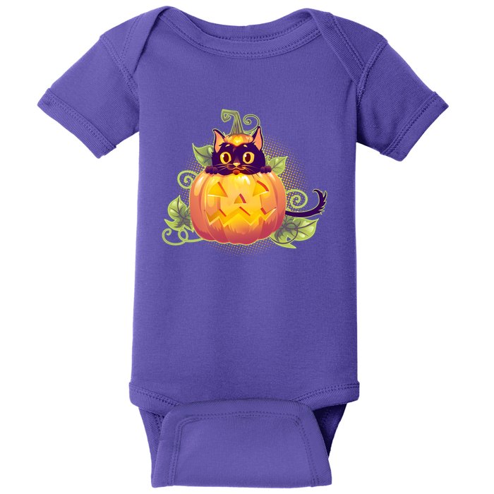 Cute Halloween Jackolantern PumpkinBlack Cat Baby Bodysuit