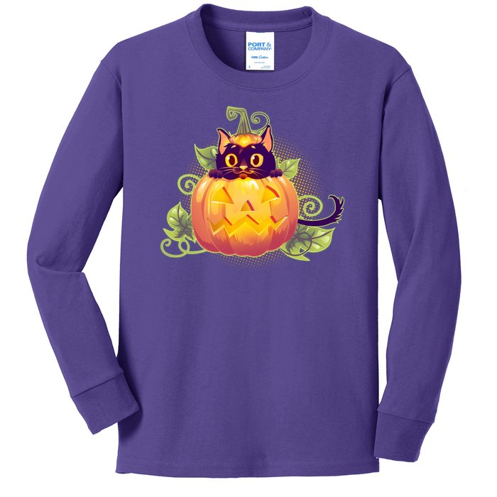 Cute Halloween Jackolantern PumpkinBlack Cat Kids Long Sleeve Shirt