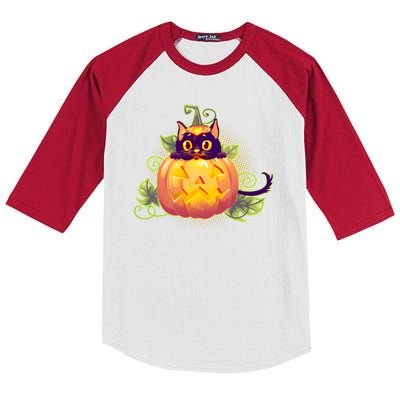 Cute Halloween Jackolantern PumpkinBlack Cat Kids Colorblock Raglan Jersey