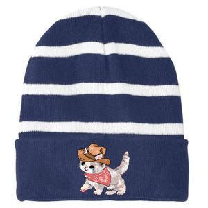 Cowboy Howdy Kitty Cute Cat Lover Western Trending Gift Idea Striped Beanie with Solid Band