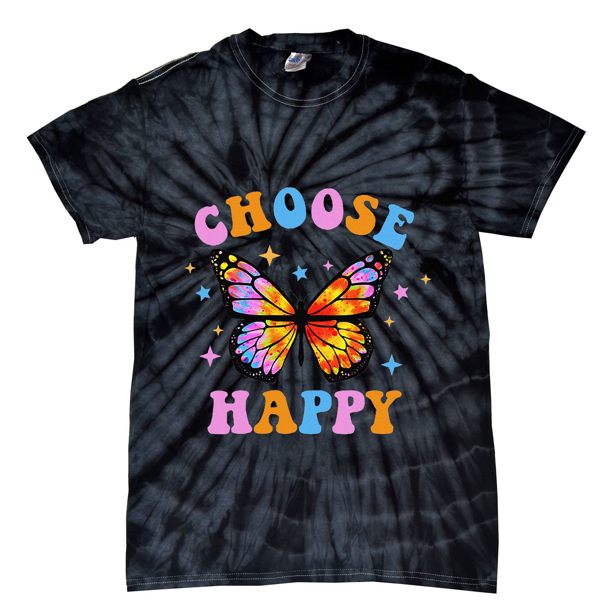 Choose Happy Letter Print Butterfly Women Inspirational Tie-Dye T-Shirt