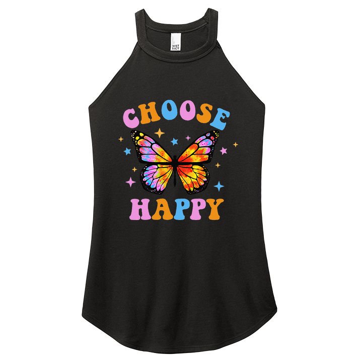 Choose Happy Letter Print Butterfly Women Inspirational Women's Perfect Tri Rocker Tank