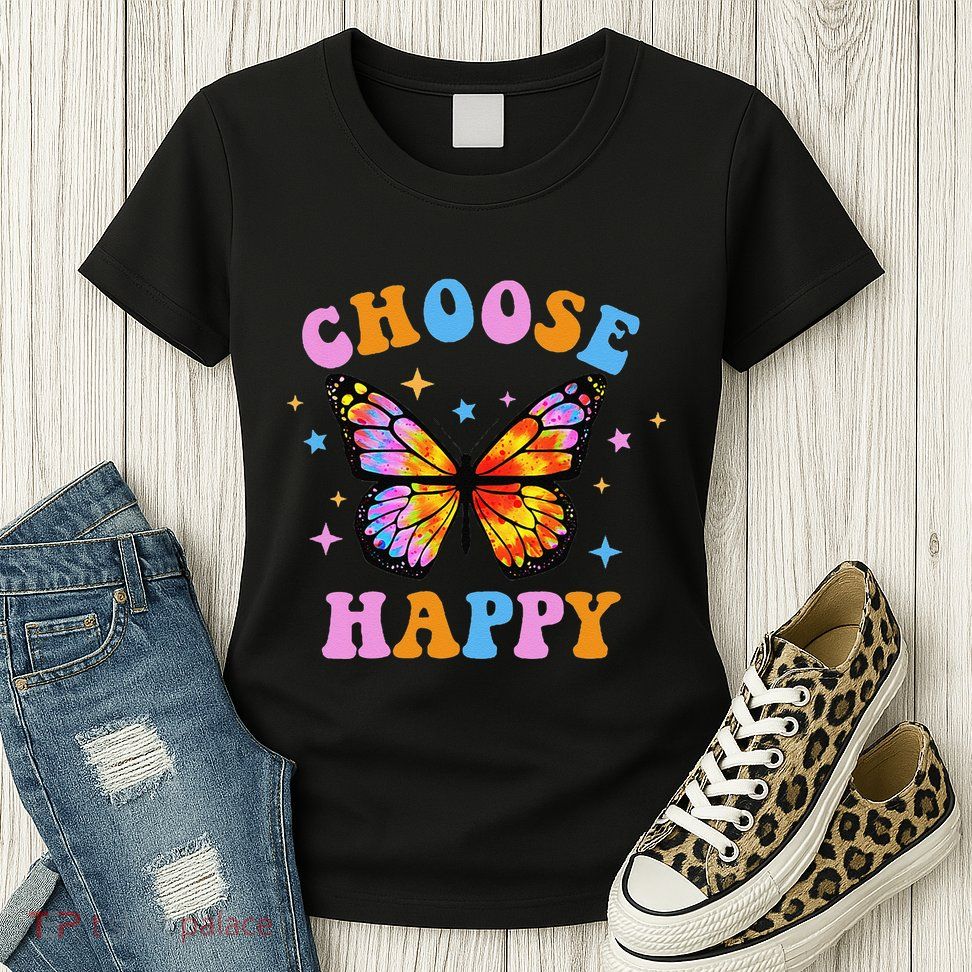 Choose Happy Letter Print Butterfly Women Inspirational Womens T-Shirt