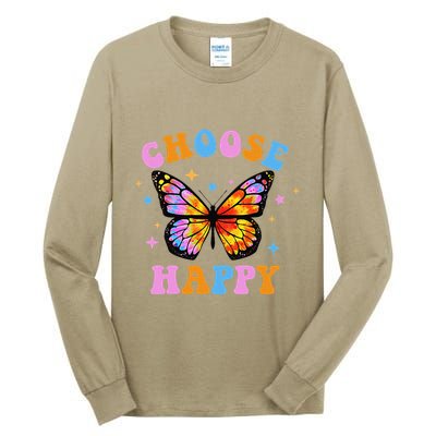Choose Happy Letter Print Butterfly Women Inspirational Tall Long Sleeve T-Shirt