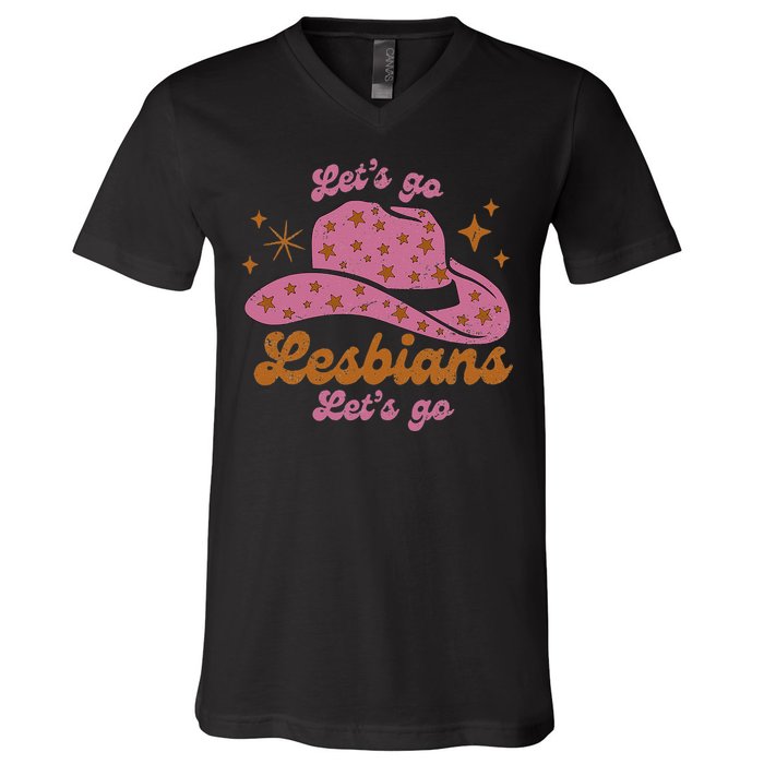 Cow Hat Let's Go Lesbians Western Cowgirls V-Neck T-Shirt