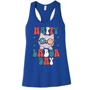 Cat Happy Labor Day American Flag Funny Cat Labour Day Gift Women's Racerback Tank