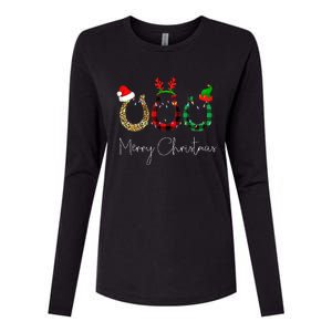 Christmas Horseshoe Leopard Plaid Santa Hat Horse Xmas  Womens Cotton Relaxed Long Sleeve T-Shirt