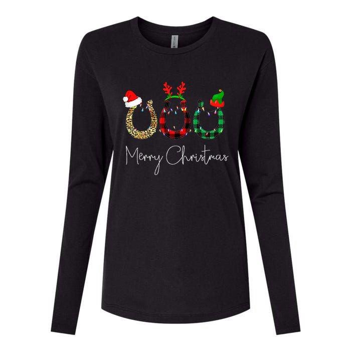 Christmas Horseshoe Leopard Plaid Santa Hat Horse Xmas  Womens Cotton Relaxed Long Sleeve T-Shirt