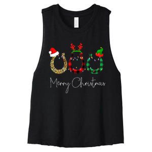 Christmas Horseshoe Leopard Plaid Santa Hat Horse Xmas  Women's Racerback Cropped Tank