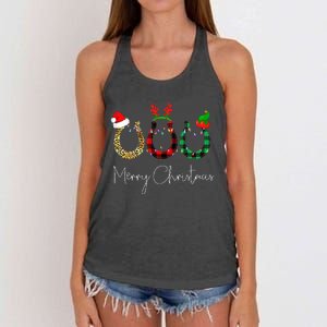 Christmas Horseshoe Leopard Plaid Santa Hat Horse Xmas  Women's Knotted Racerback Tank