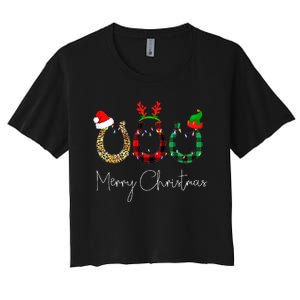 Christmas Horseshoe Leopard Plaid Santa Hat Horse Xmas  Women's Crop Top Tee