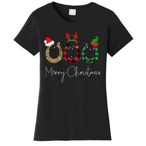 Christmas Horseshoe Leopard Plaid Santa Hat Horse Xmas  Women's T-Shirt