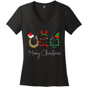 Christmas Horseshoe Leopard Plaid Santa Hat Horse Xmas  Women's V-Neck T-Shirt