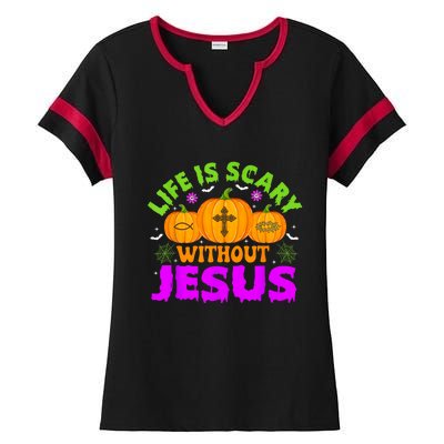 Christian Halloween Life Is Scary Without Jesus Fall Autumn Ladies Halftime Notch Neck Tee