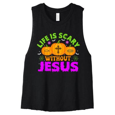 Christian Halloween Life Is Scary Without Jesus Fall Autumn Women's Racerback Cropped Tank