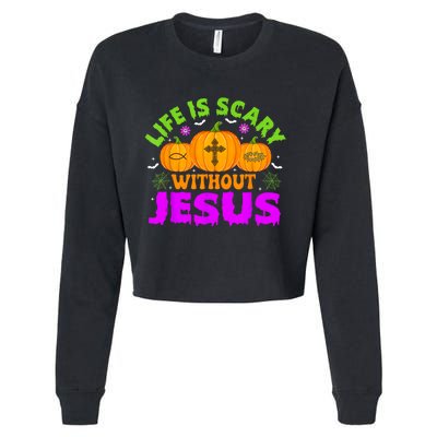 Christian Halloween Life Is Scary Without Jesus Fall Autumn Cropped Pullover Crew