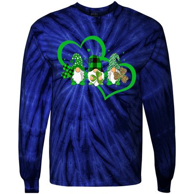 Cute Heart Leopard Gnomes Irish Shamrock St Patrick's Day Tie-Dye Long Sleeve Shirt