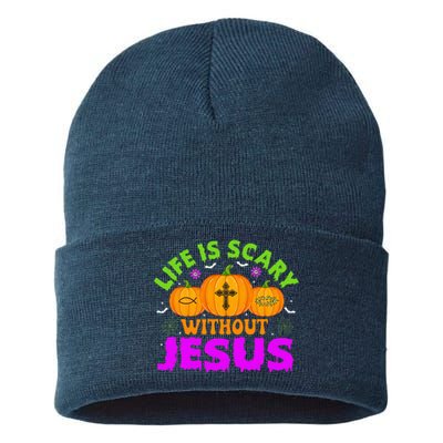 Christian Halloween Life Is Scary Without Jesus Fall Autumn Sustainable Knit Beanie