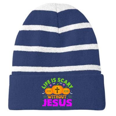 Christian Halloween Life Is Scary Without Jesus Fall Autumn Striped Beanie with Solid Band