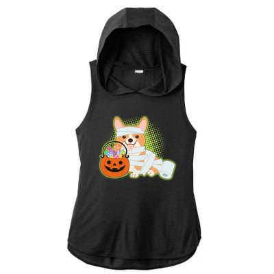 Cute Halloween Mummy Welsh Corgi And Pumpkin Candy Ladies PosiCharge Tri-Blend Wicking Draft Hoodie Tank