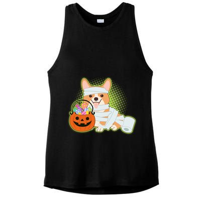 Cute Halloween Mummy Welsh Corgi And Pumpkin Candy Ladies PosiCharge Tri-Blend Wicking Tank