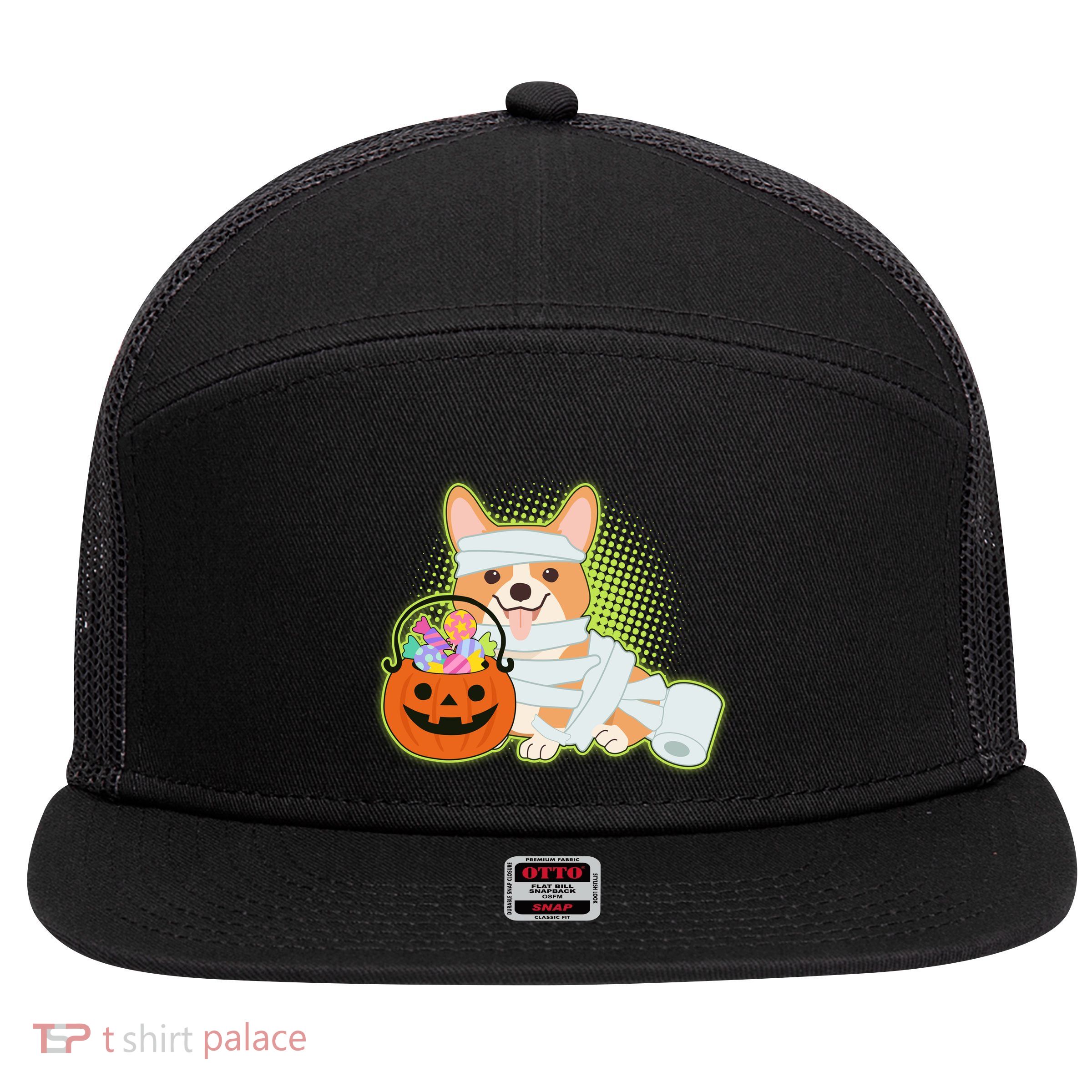 Cute Halloween Mummy Welsh Corgi And Pumpkin Candy 7 Panel Mesh Trucker Snapback Hat