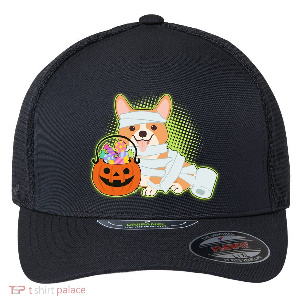 Cute Halloween Mummy Welsh Corgi And Pumpkin Candy Flexfit Unipanel Trucker Cap