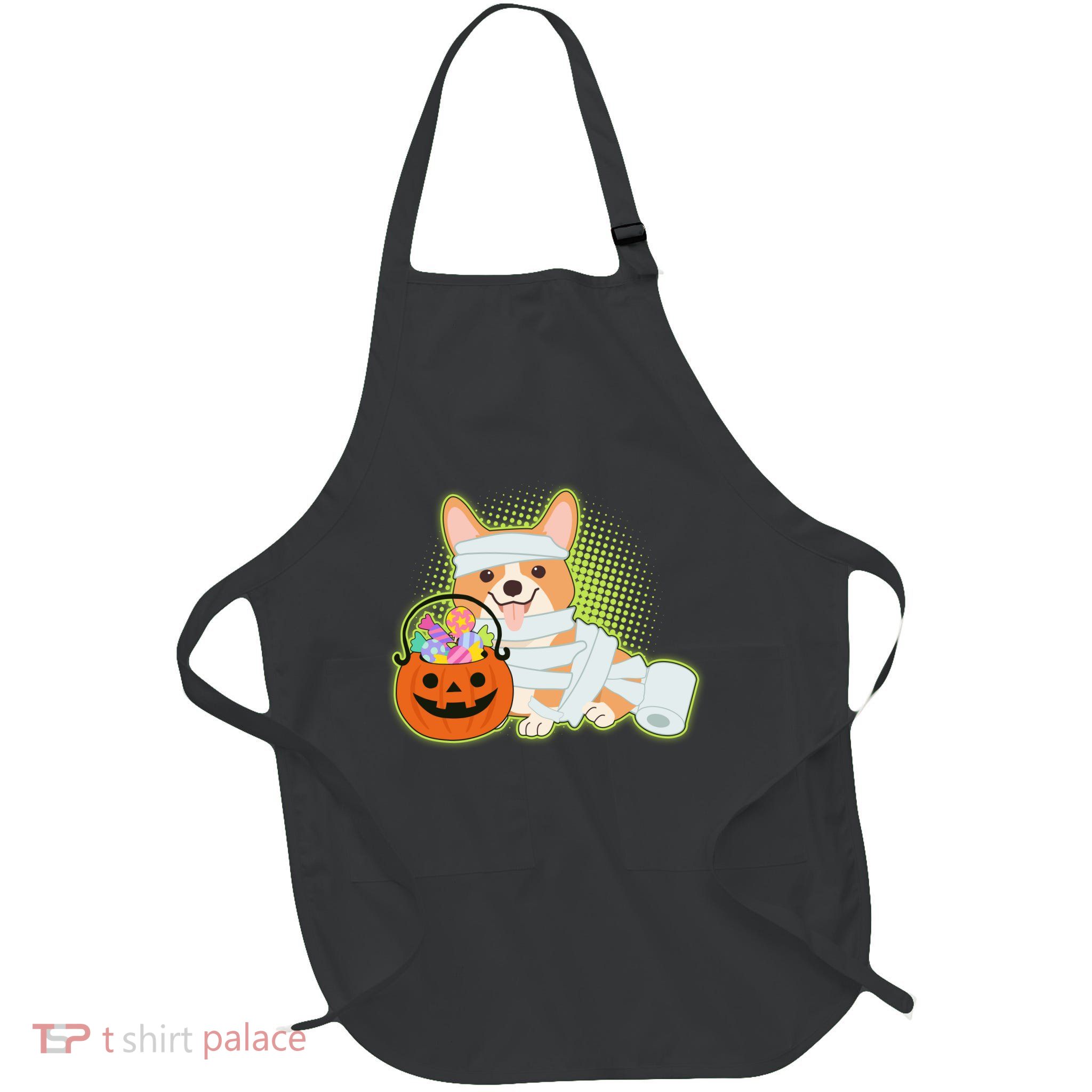 Cute Halloween Mummy Welsh Corgi And Pumpkin Candy Full-Length Apron With Pockets