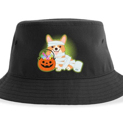 Cute Halloween Mummy Welsh Corgi And Pumpkin Candy Sustainable Bucket Hat