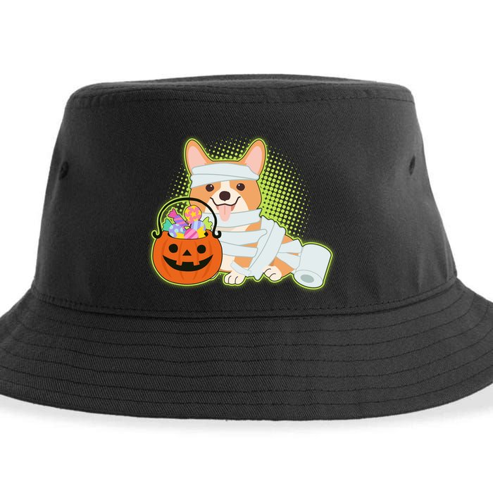 Cute Halloween Mummy Welsh Corgi And Pumpkin Candy Sustainable Bucket Hat