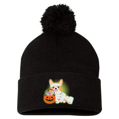 Cute Halloween Mummy Welsh Corgi And Pumpkin Candy Pom Pom 12in Knit Beanie