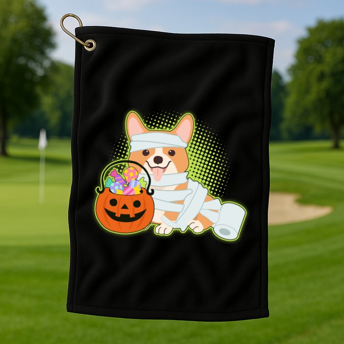 Cute Halloween Mummy Welsh Corgi And Pumpkin Candy Golf Towel