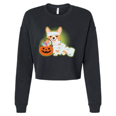 Cute Halloween Mummy Welsh Corgi And Pumpkin Candy Cropped Pullover Crew