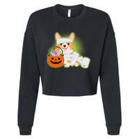 Cute Halloween Mummy Welsh Corgi And Pumpkin Candy Cropped Pullover Crew