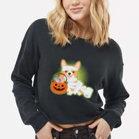 Cute Halloween Mummy Welsh Corgi And Pumpkin Candy Cropped Pullover Crew