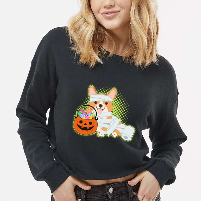 Cute Halloween Mummy Welsh Corgi And Pumpkin Candy Cropped Pullover Crew