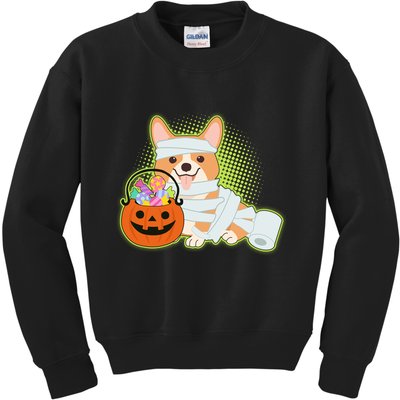 Cute Halloween Mummy Welsh Corgi And Pumpkin Candy Kids Sweatshirt