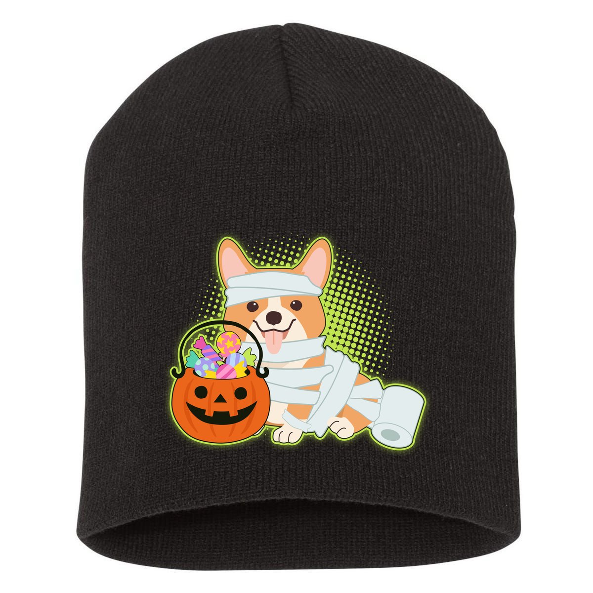 Cute Halloween Mummy Welsh Corgi And Pumpkin Candy Short Acrylic Beanie