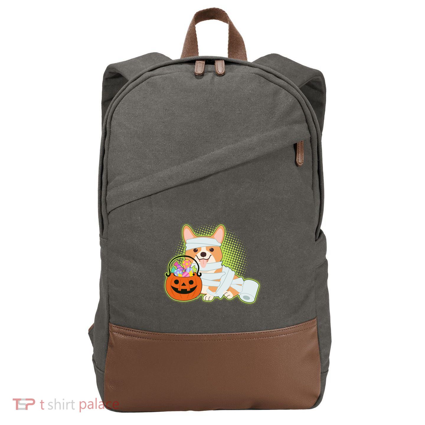 Cute Halloween Mummy Welsh Corgi And Pumpkin Candy Cotton Canvas Backpack