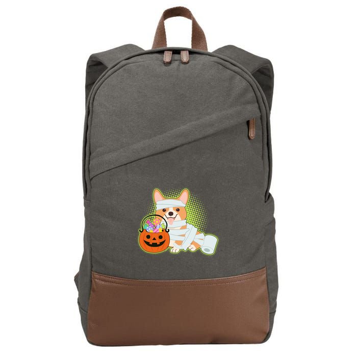 Cute Halloween Mummy Welsh Corgi And Pumpkin Candy Cotton Canvas Backpack