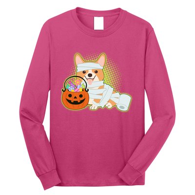 Cute Halloween Mummy Welsh Corgi And Pumpkin Candy Long Sleeve Shirt