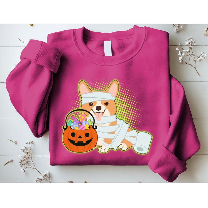 Cute Halloween Mummy Welsh Corgi And Pumpkin Candy Sweatshirt