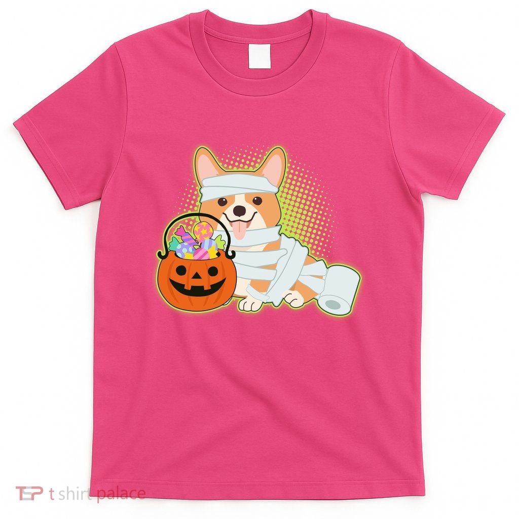 Cute Halloween Mummy Welsh Corgi And Pumpkin Candy T-Shirt