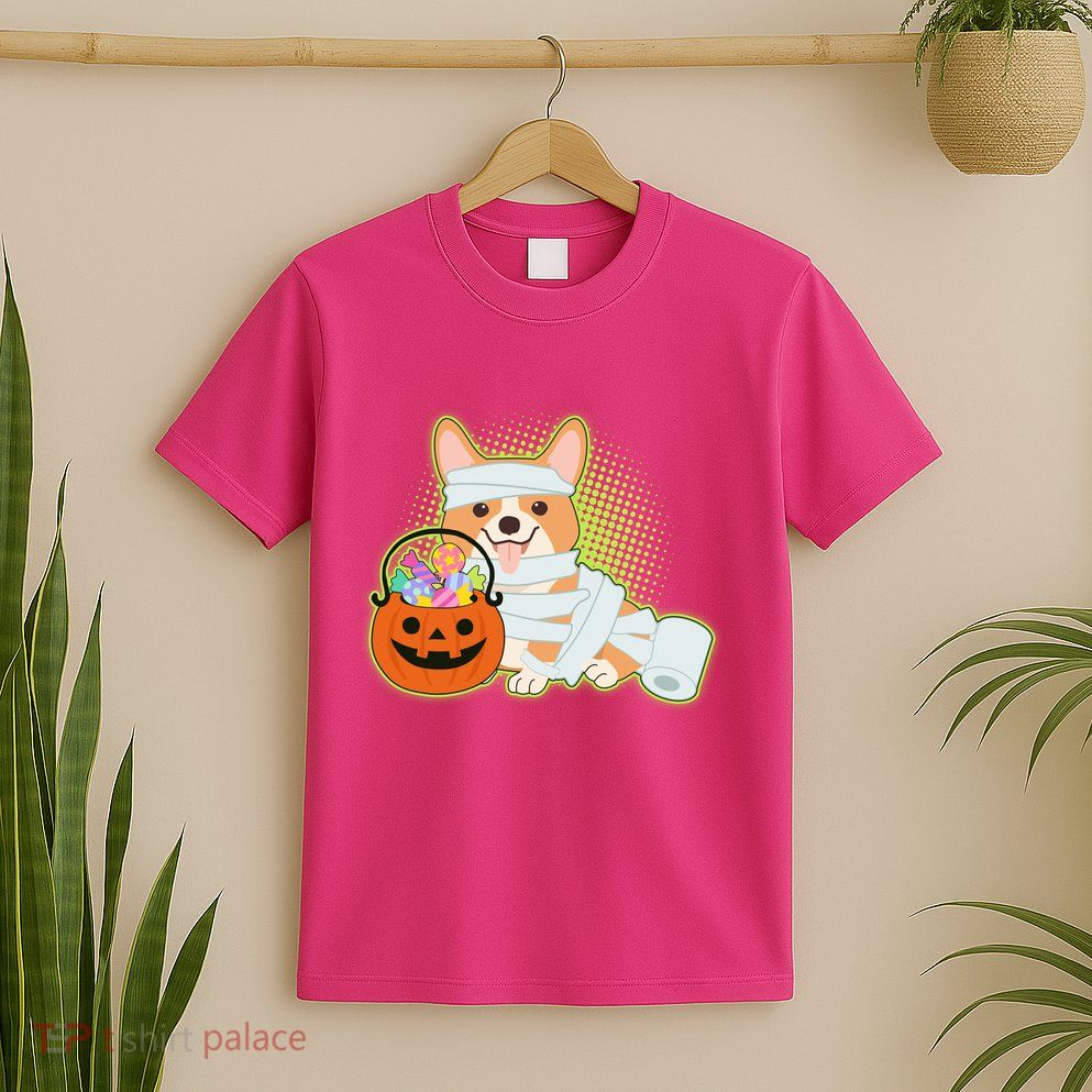Cute Halloween Mummy Welsh Corgi And Pumpkin Candy T-Shirt