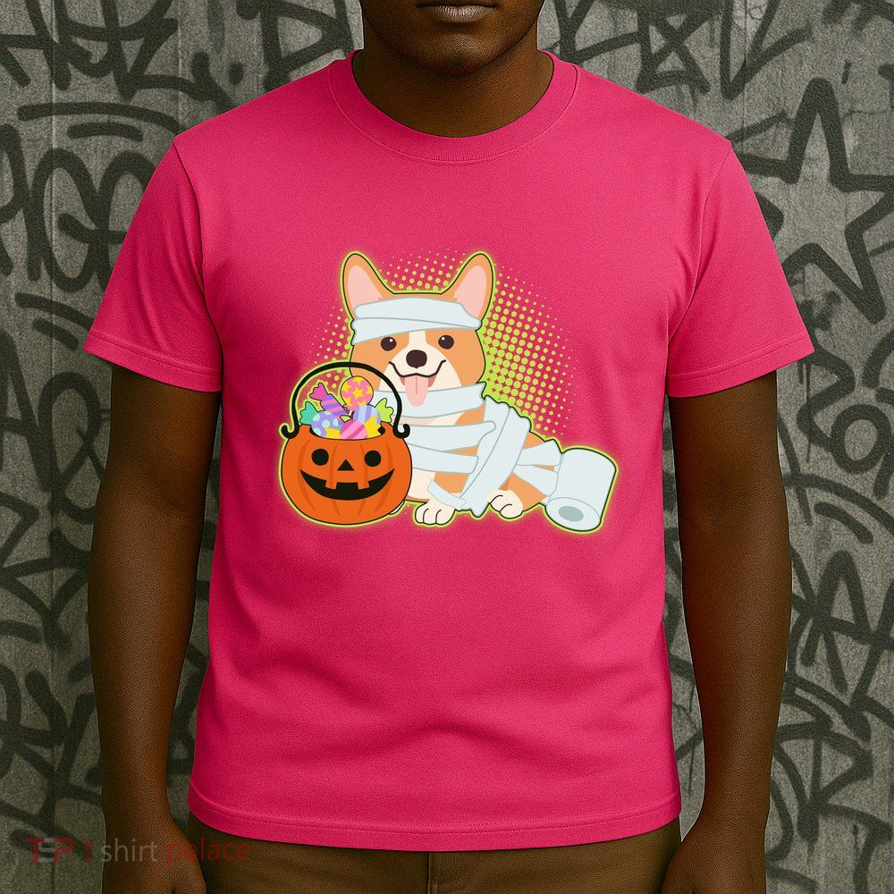 Cute Halloween Mummy Welsh Corgi And Pumpkin Candy T-Shirt