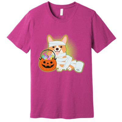 Cute Halloween Mummy Welsh Corgi And Pumpkin Candy Premium T-Shirt