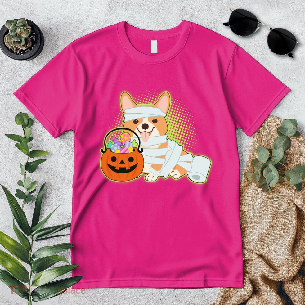 Cute Halloween Mummy Welsh Corgi And Pumpkin Candy Premium T-Shirt