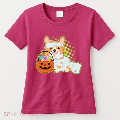 Cute Halloween Mummy Welsh Corgi And Pumpkin Candy Womens T-Shirt