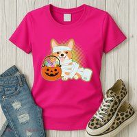 Cute Halloween Mummy Welsh Corgi And Pumpkin Candy Womens T-Shirt