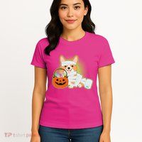 Cute Halloween Mummy Welsh Corgi And Pumpkin Candy Womens T-Shirt